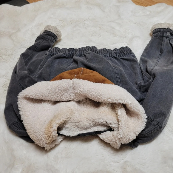 Free people perry hooded denim jacket in washed black sherpa trim size S - Picture 11 of 11